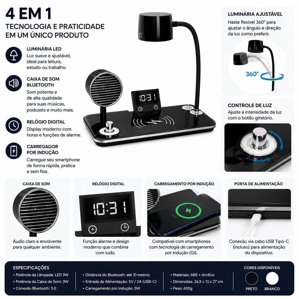 Imagem 5 de 5 do produto Luminária De Mesa Com Caixa De Som E Carregador Sem Fio Utimix 4 Em 1 LED Ajustável Bluetooth