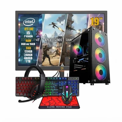 PC Computador Gamer Completo | Intel i5 | 8GB | SSD 120GB | Monitor + Teclado + Mouse + Headset + Mouse Pad + Wi-fi