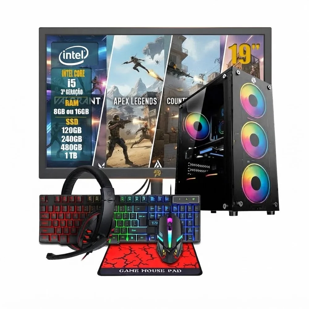 PC Computador Gamer Completo | Intel i5 | 8GB | SSD 1TB | Monitor + Teclado + Mouse + Headset + Mouse Pad + Wi-fi