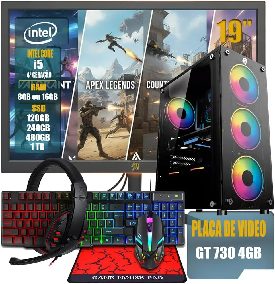 PC Gamer Completo Intel Core i5 | 8GB Ram | SSD 240GB | Geforce Gt 730 4gb | Monitor 19" + Kit Gamer 4 Em 1 + Wi-fi