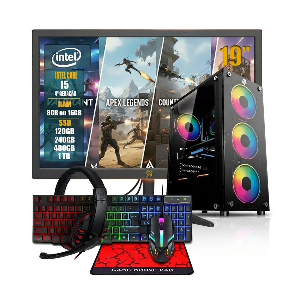 PC Computador Gamer Completo | Intel i5 | 16gb | SSD 120GB | Monitor + Teclado + Mouse + Headset + Mouse Pad + Wi-fi