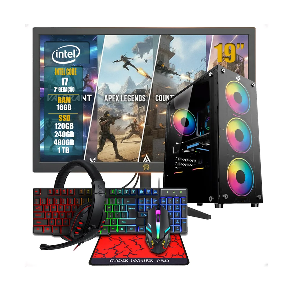 PC Computador Gamer Completo | Intel i7 | 16gb | SSD 480GB | Monitor + Teclado + Mouse + Headset + Mouse Pad + Wi-fi