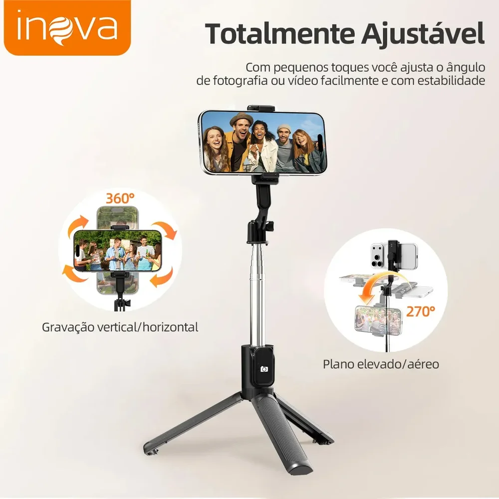 Imagem 2 de 5 do produto Tripé Para Celular 3 Em 1 73cm – Bastão De Selfie Dobrável Portátil Com Controle Remoto, Rotação 360°, Base Triangular Reforçada, Pau De Selfie