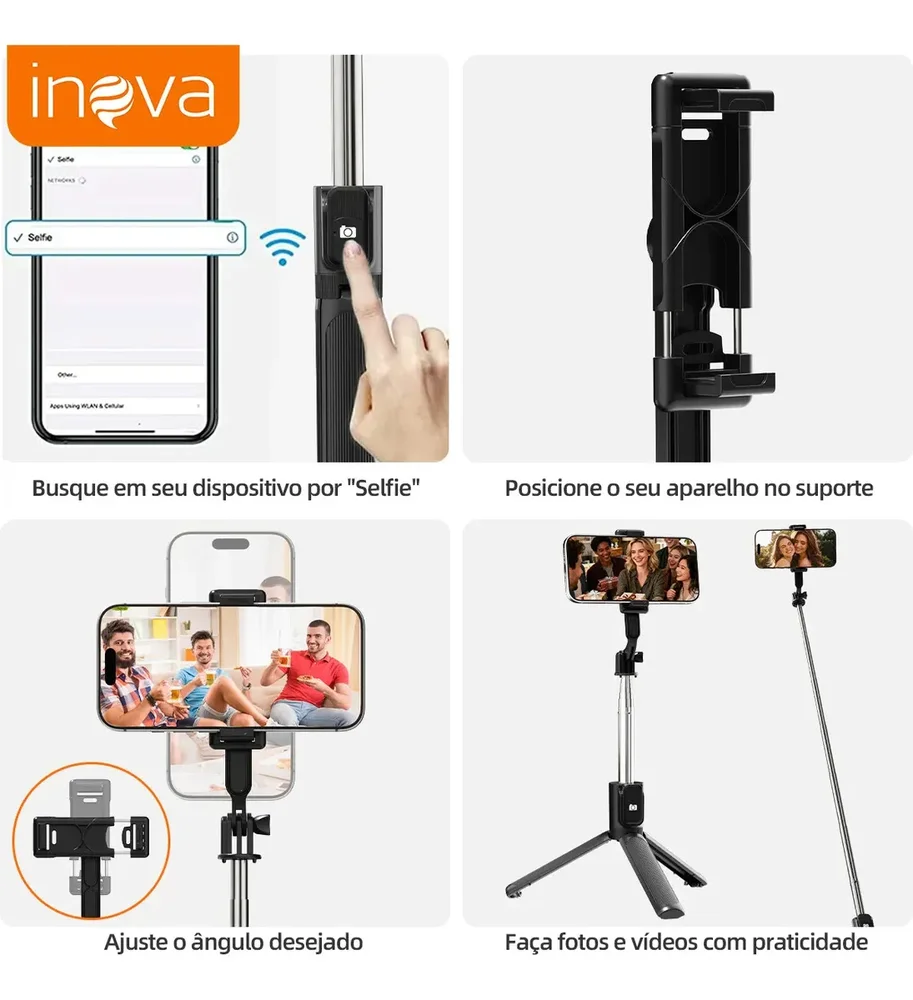 Imagem 3 de 5 do produto Tripé Para Celular 3 Em 1 73cm – Bastão De Selfie Dobrável Portátil Com Controle Remoto, Rotação 360°, Base Triangular Reforçada, Pau De Selfie