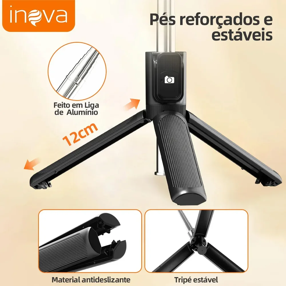 Imagem 4 de 5 do produto Tripé Para Celular 3 Em 1 73cm – Bastão De Selfie Dobrável Portátil Com Controle Remoto, Rotação 360°, Base Triangular Reforçada, Pau De Selfie