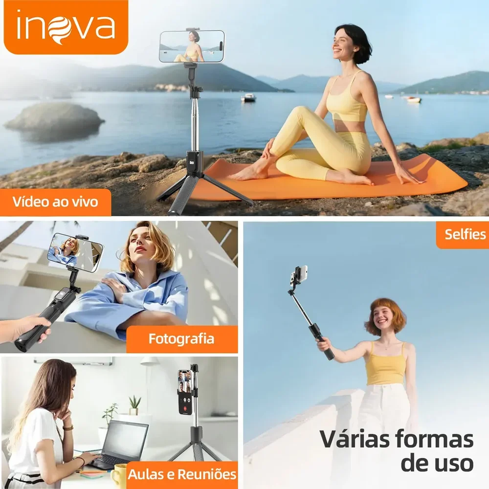 Imagem 5 de 5 do produto Tripé Para Celular 3 Em 1 73cm – Bastão De Selfie Dobrável Portátil Com Controle Remoto, Rotação 360°, Base Triangular Reforçada, Pau De Selfie
