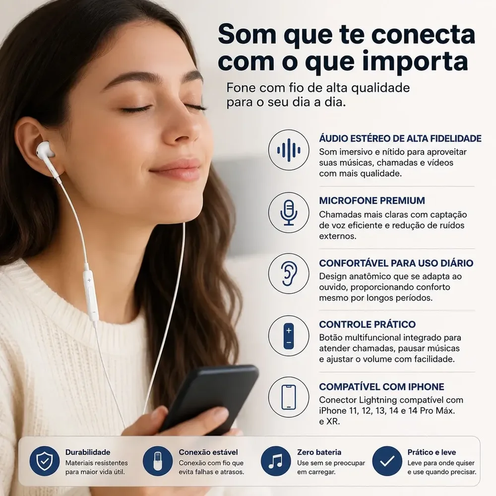Imagem 2 de 4 do produto Fone De Ouvido Com Fio Compatível Iphone 8 X 11 12 13 14