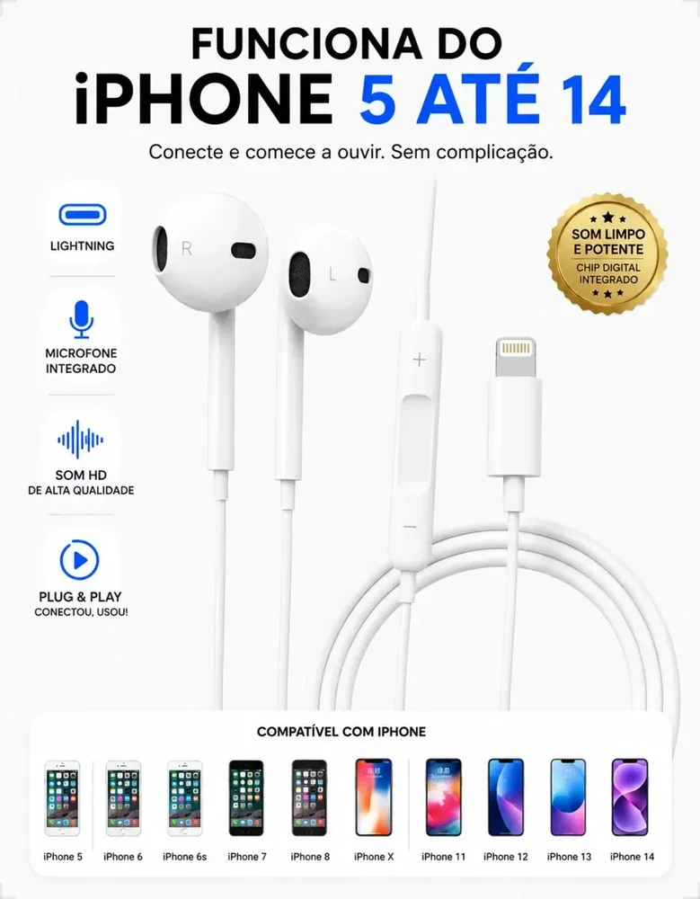 Imagem 4 de 4 do produto Fone De Ouvido Com Fio Compatível Iphone 8 X 11 12 13 14