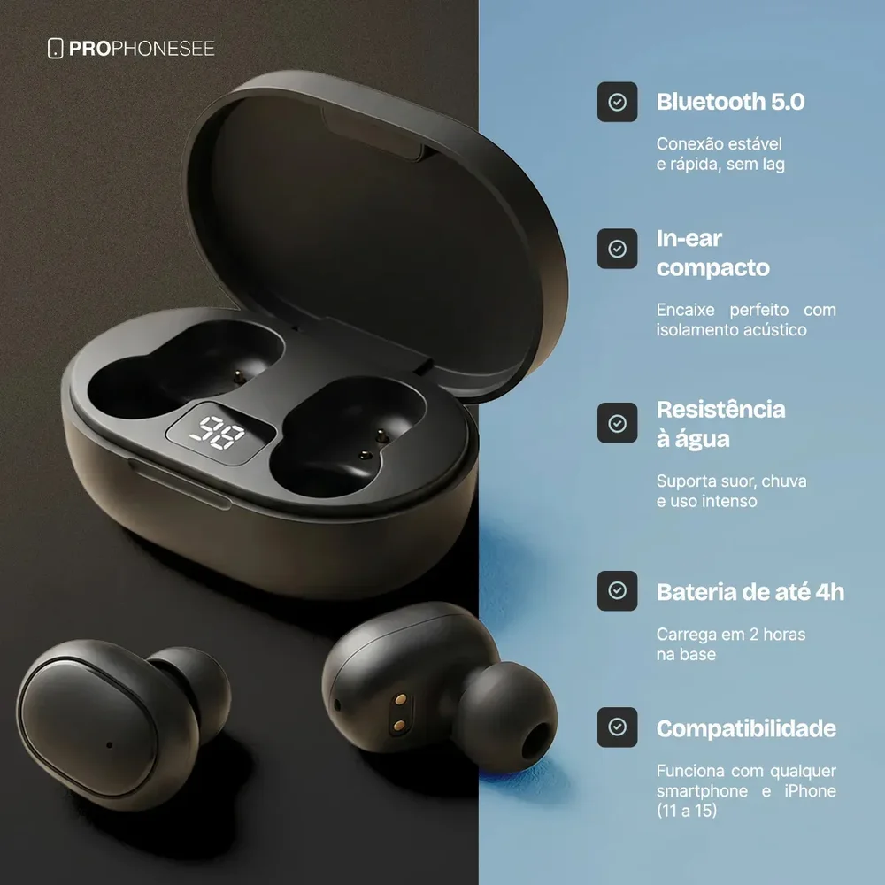 Imagem 2 de 4 do produto Fone Ouvido Bluetooth 5.3 Sem Fio Estojo Bateria Longa Duração Portátil Tela Display Digital LED Prova Dagua Compatível C/ Xiaomi Celular Redmi Anti R