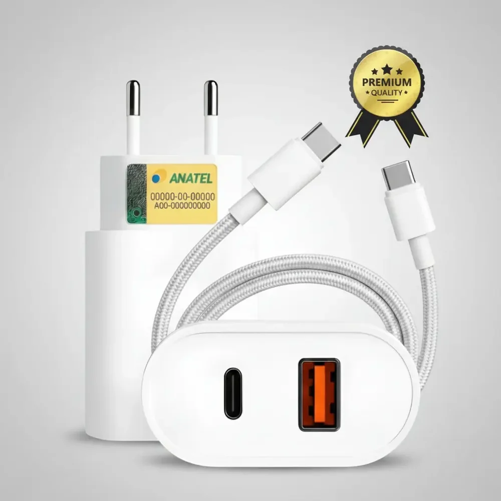 Carregador Turbo 40w Para Iphone 15 16 17 Pro E Pro Max Tipo C Branco Com Cabo Reforçado Usb-c Fonte Rápido Dupla Entrada Carregamento
