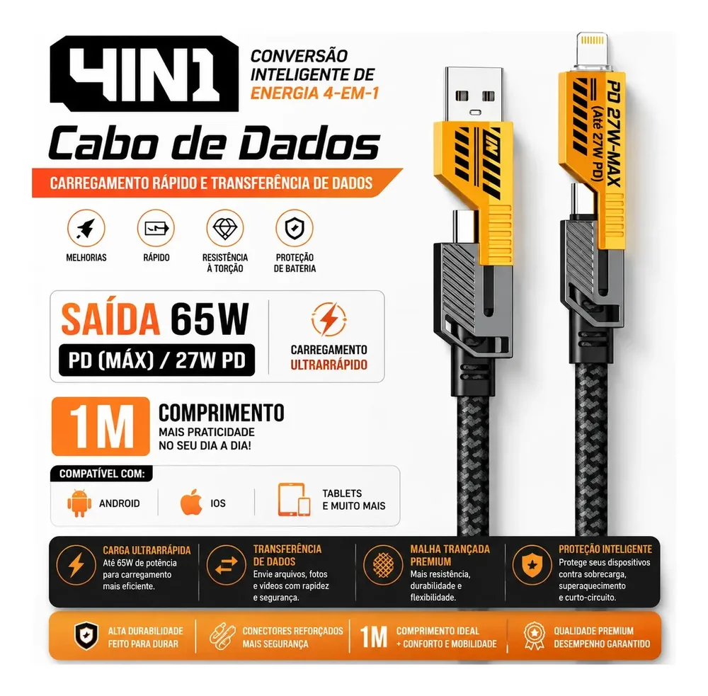Imagem 2 de 3 do produto Cabo Carregador Turbo 4 Em 1 Peining Pei-j80 - 65w Tipo C / Iphone E Usb / Tipo C
