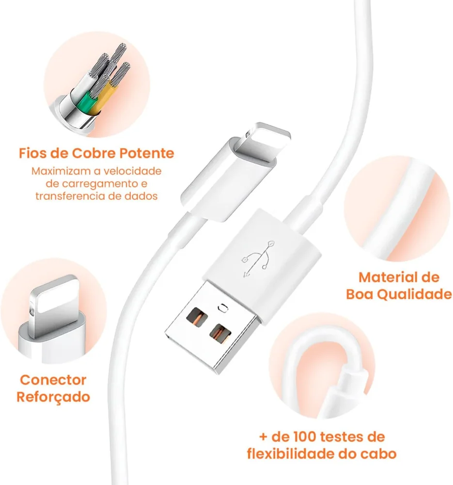 Imagem 3 de 4 do produto Cabo Usb Para Lightning Reforçado 1m, Compatível Com Iphone 6 7 8 X Xs 11 Se 12 Xr 13 14 Pro Max – Carregamento Turbo E Transferência De Dados