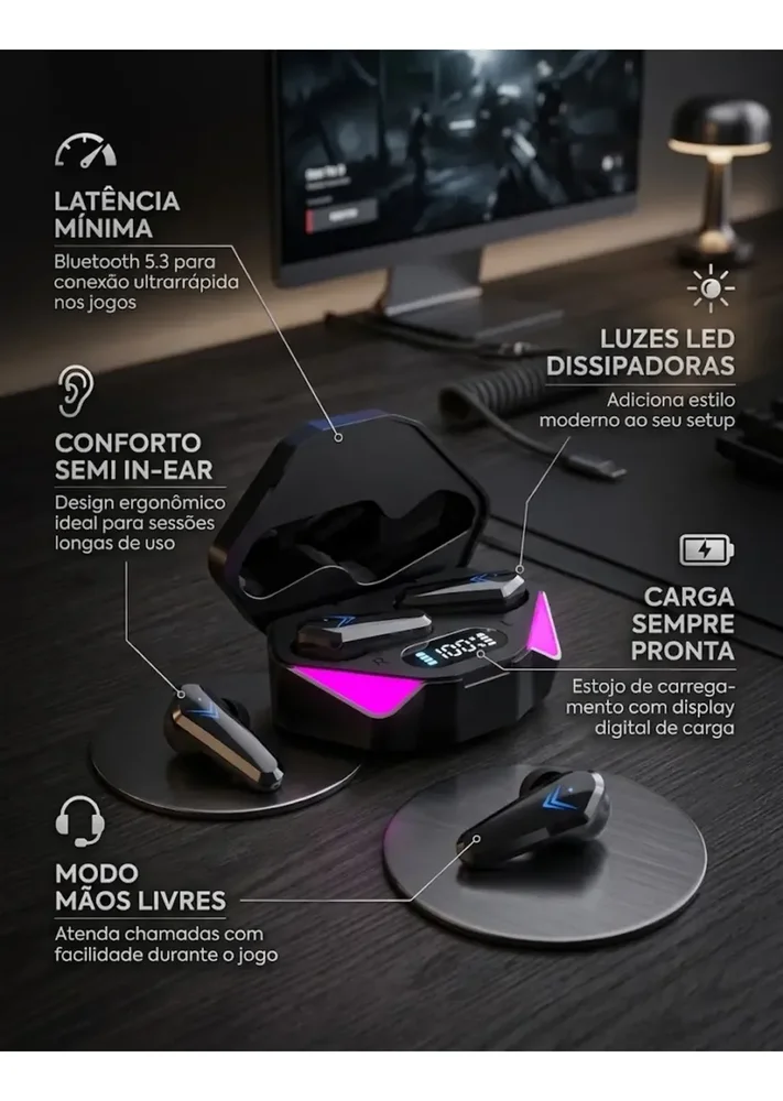 Imagem 4 de 4 do produto Fone Ouvido Bluetooth 5.3 Gamer Starmega St Tws LED Display