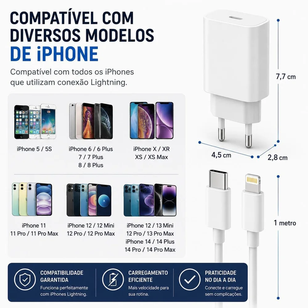 Imagem 2 de 4 do produto Carregador Turbo 30w Compativel C/i.phone 8 X Xr 11 12 13 14 Pro Max Linha Premium Com Cabo Usb-c, Saída Ios + Fonte Carregador Ultra Rápido