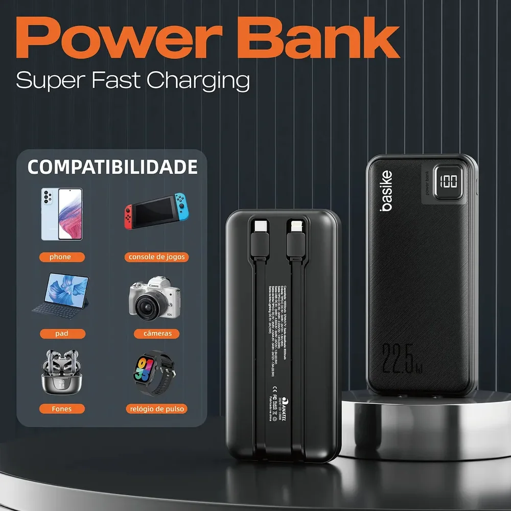 Imagem 3 de 4 do produto Power Bank Inova 20000mah Preto, Carga Rápida 22.5w Para Iphone E Samsung, Com Cabos Embutidos E Display