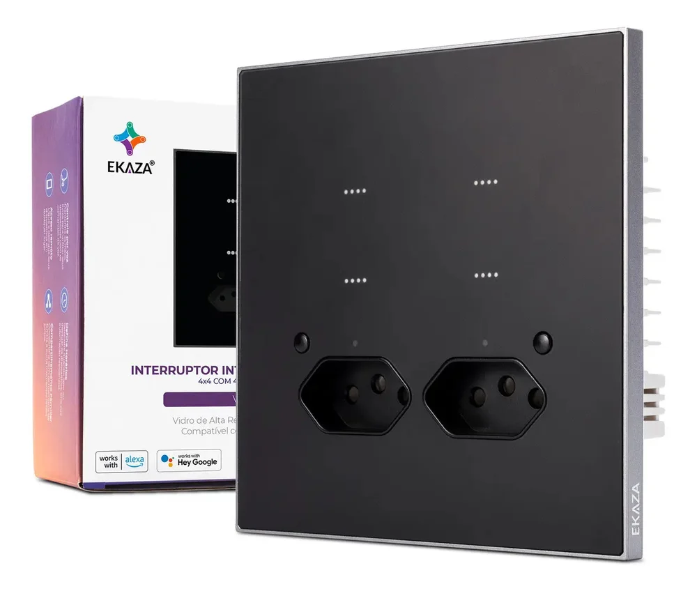 Interruptor Smart Wifi Vênus 4 Botões 4x4 Com Tomadas Ekaza Preto Ektl-t4075-4p