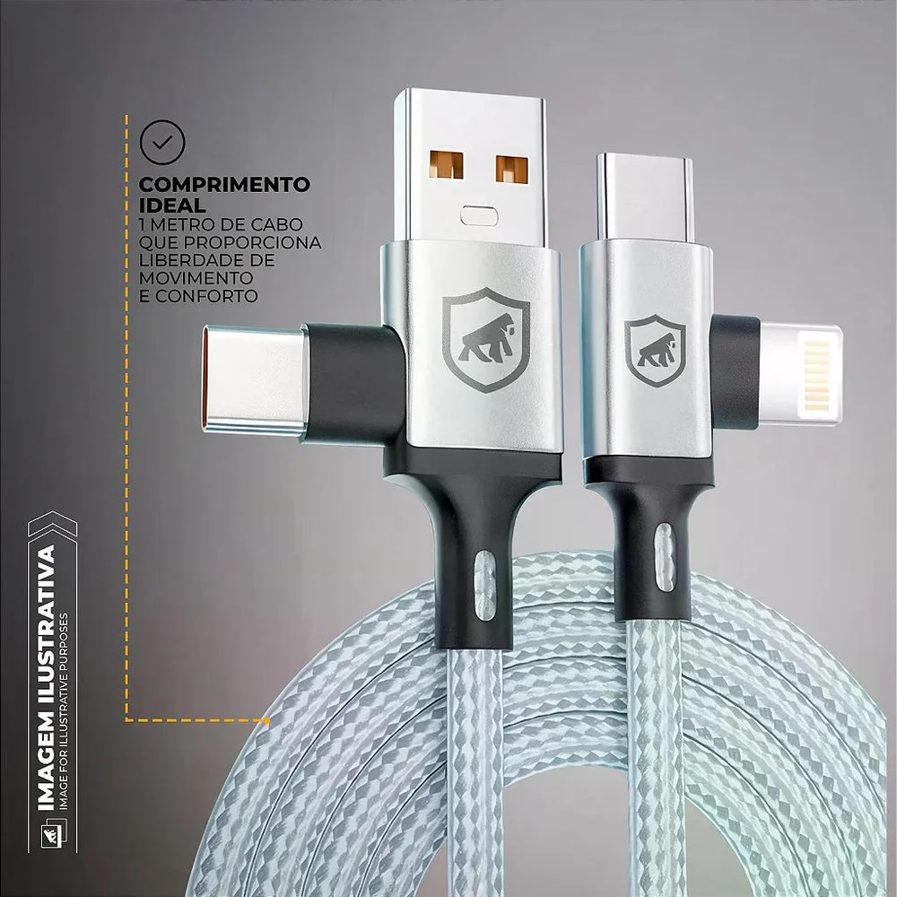 Imagem 2 de 5 do produto Kit Carregamento Rápido Gan 20w Com Cabo 4 Em 1 65w Usb-c Lightning - Gshield