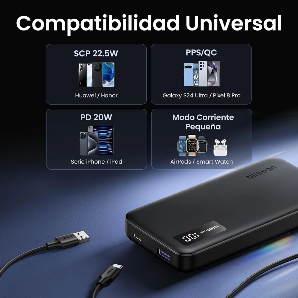 Imagem 3 de 5 do produto Carregador Portátil Ugreen Power Bank 10000mah (modelo Pb311) Usb-c E Usb-a 22,5w, 20w, Display Digital Em LED