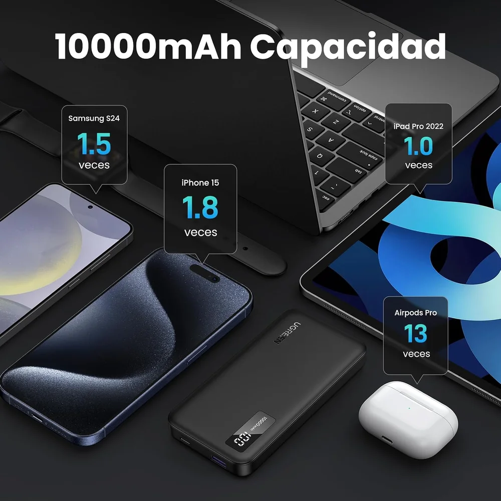 Imagem 4 de 5 do produto Carregador Portátil Ugreen Power Bank 10000mah (modelo Pb311) Usb-c E Usb-a 22,5w, 20w, Display Digital Em LED