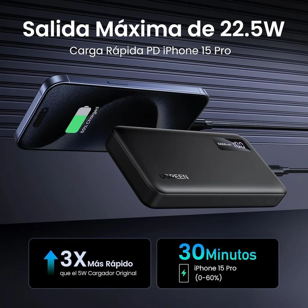 Imagem 5 de 5 do produto Carregador Portátil Ugreen Power Bank 10000mah (modelo Pb311) Usb-c E Usb-a 22,5w, 20w, Display Digital Em LED