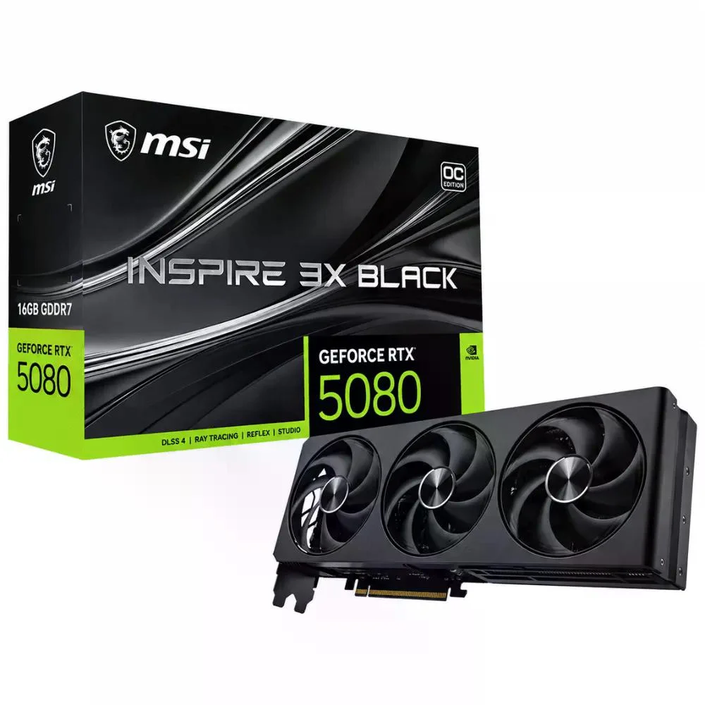 Placa De Vídeo Msi Geforce RTX 5080 Inspire 3x Black Oc 16gb Gddr7 PCie 5.0 Dlss4 Ray Tracing 912-v531-686