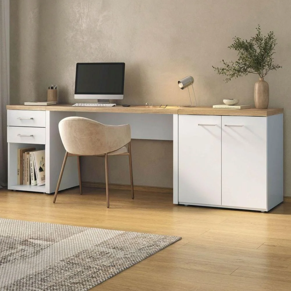 Imagem 3 de 5 do produto Mesa Escritorio Retangular Toq Moderno 2 Gavetas Mdp 120cm Branco Com Gaveteiro Artany