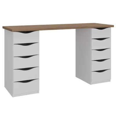 Mesa Escrivaninha Escritorio Due Moderno 10 Gavetas Mdp 136cm Nogal Branco Artany