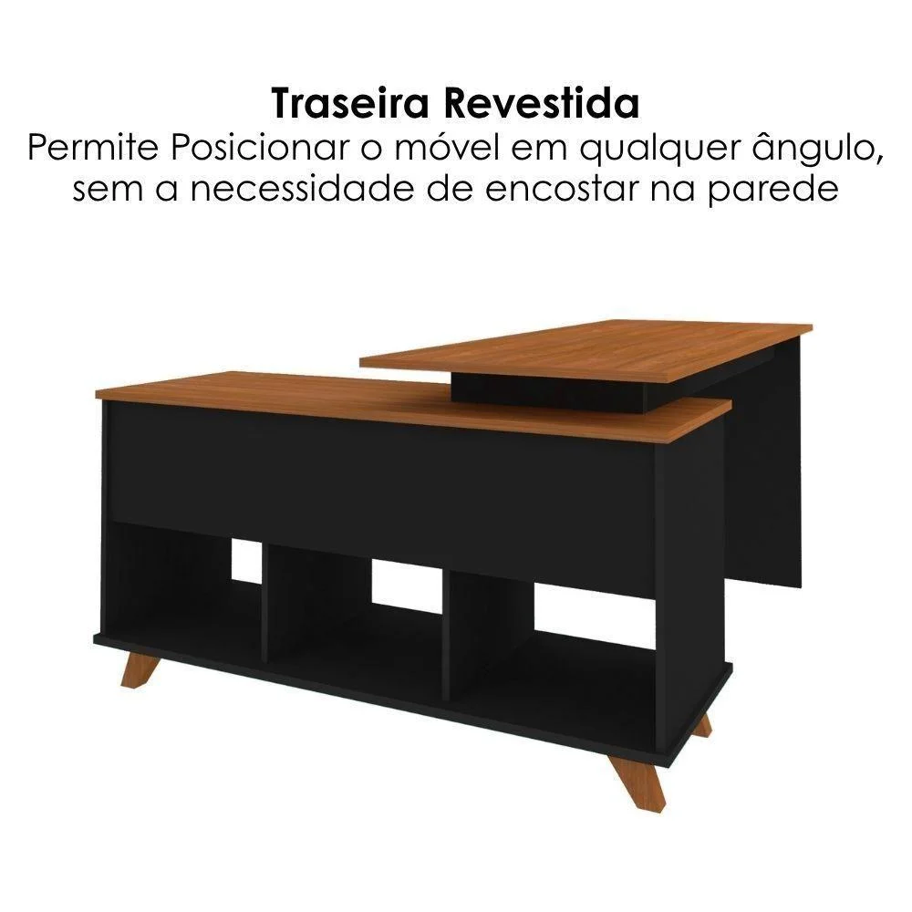 Imagem 2 de 5 do produto Mesa Escrivaninha Em L Lugano Gold Moderno 1 Gaveta Mdp Preto Artany