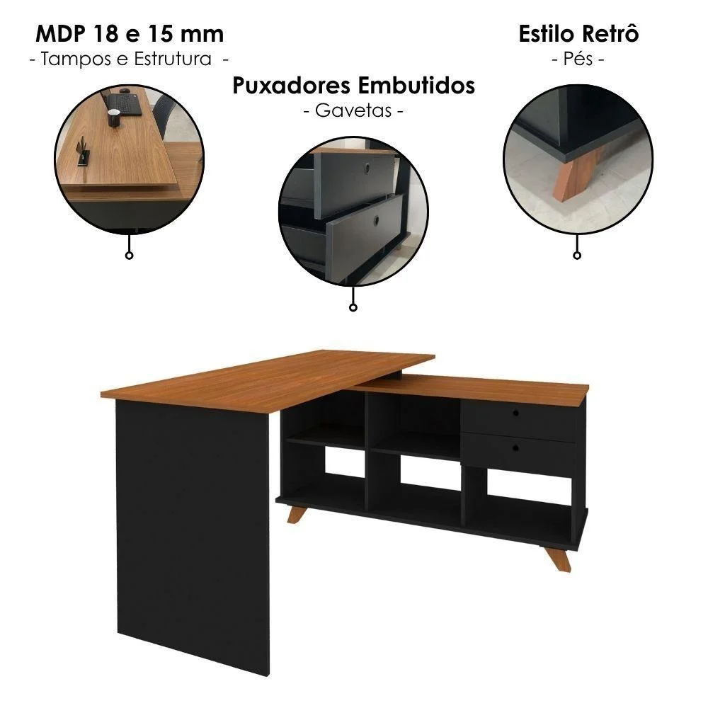 Imagem 4 de 5 do produto Mesa Escrivaninha Em L Lugano Gold Moderno 1 Gaveta Mdp Preto Artany