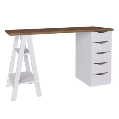 Mesa Escrivaninha Spirit Moderno 5 Gavetas Mdp 136cm Nogal Branco Artany