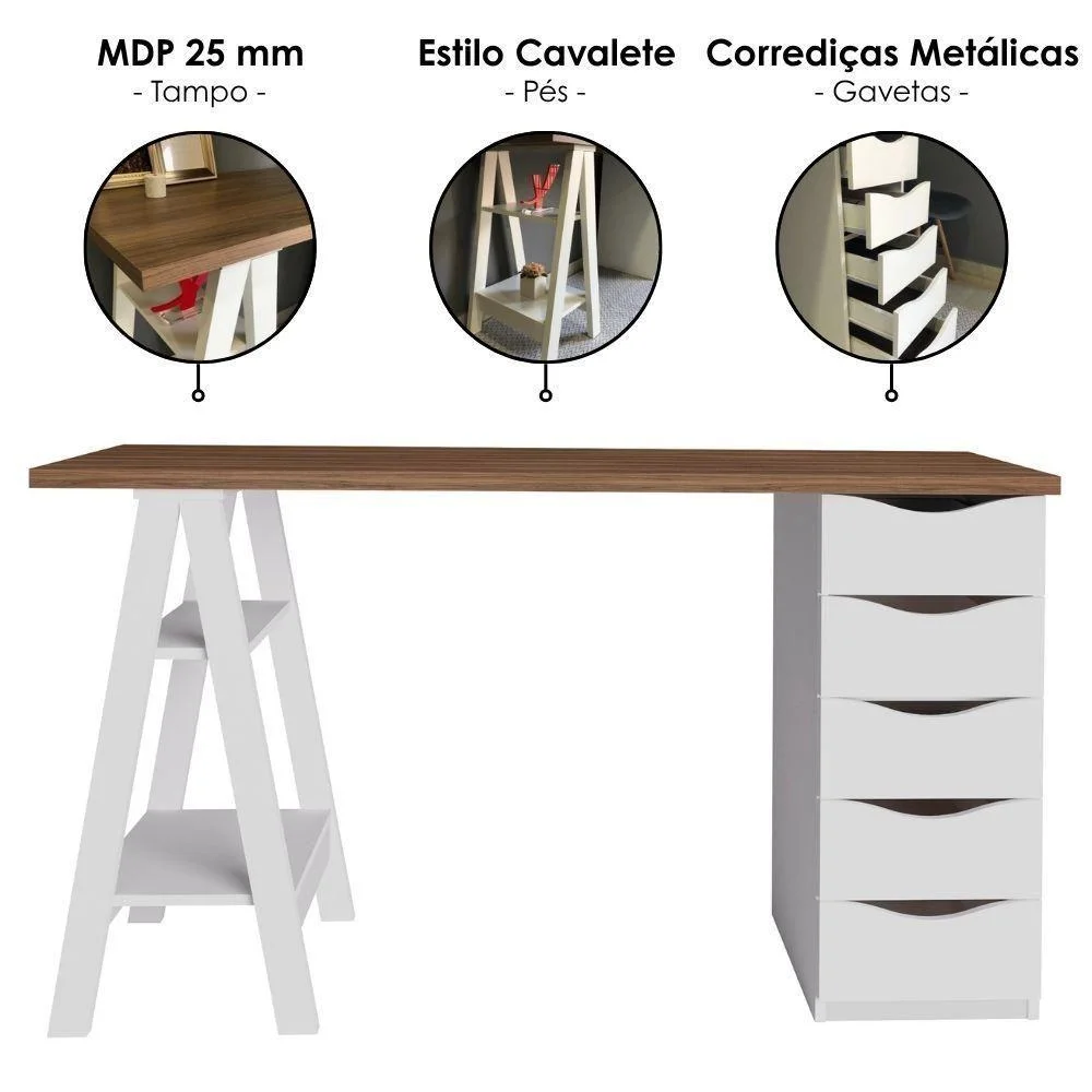 Imagem 2 de 5 do produto Mesa Escrivaninha Spirit Moderno 5 Gavetas Mdp 136cm Nogal Branco Artany