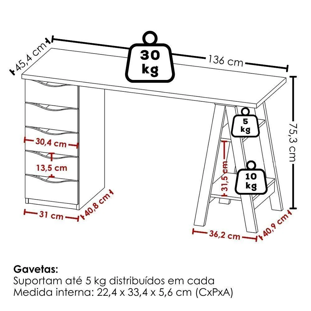 Imagem 4 de 5 do produto Mesa Escrivaninha Spirit Moderno 5 Gavetas Mdp 136cm Nogal Branco Artany