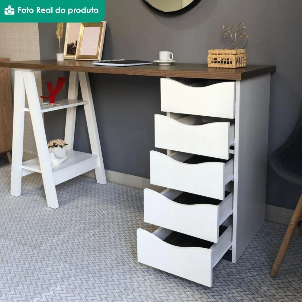 Imagem 5 de 5 do produto Mesa Escrivaninha Spirit Moderno 5 Gavetas Mdp 136cm Nogal Branco Artany