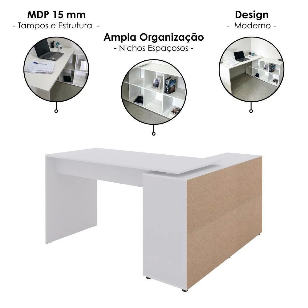 Imagem 2 de 5 do produto Mesa Escrivaninha Em L Nero Moderno Sem Gavetas Mdp 140cm Branco Artany