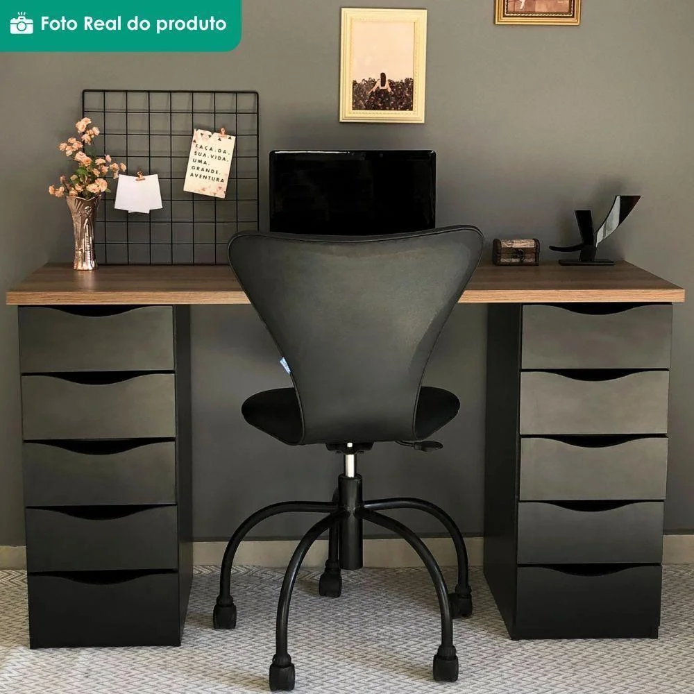 Imagem 2 de 5 do produto Mesa Escrivaninha Due Moderno 10 Gavetas 136cm Nogal Preto Artany