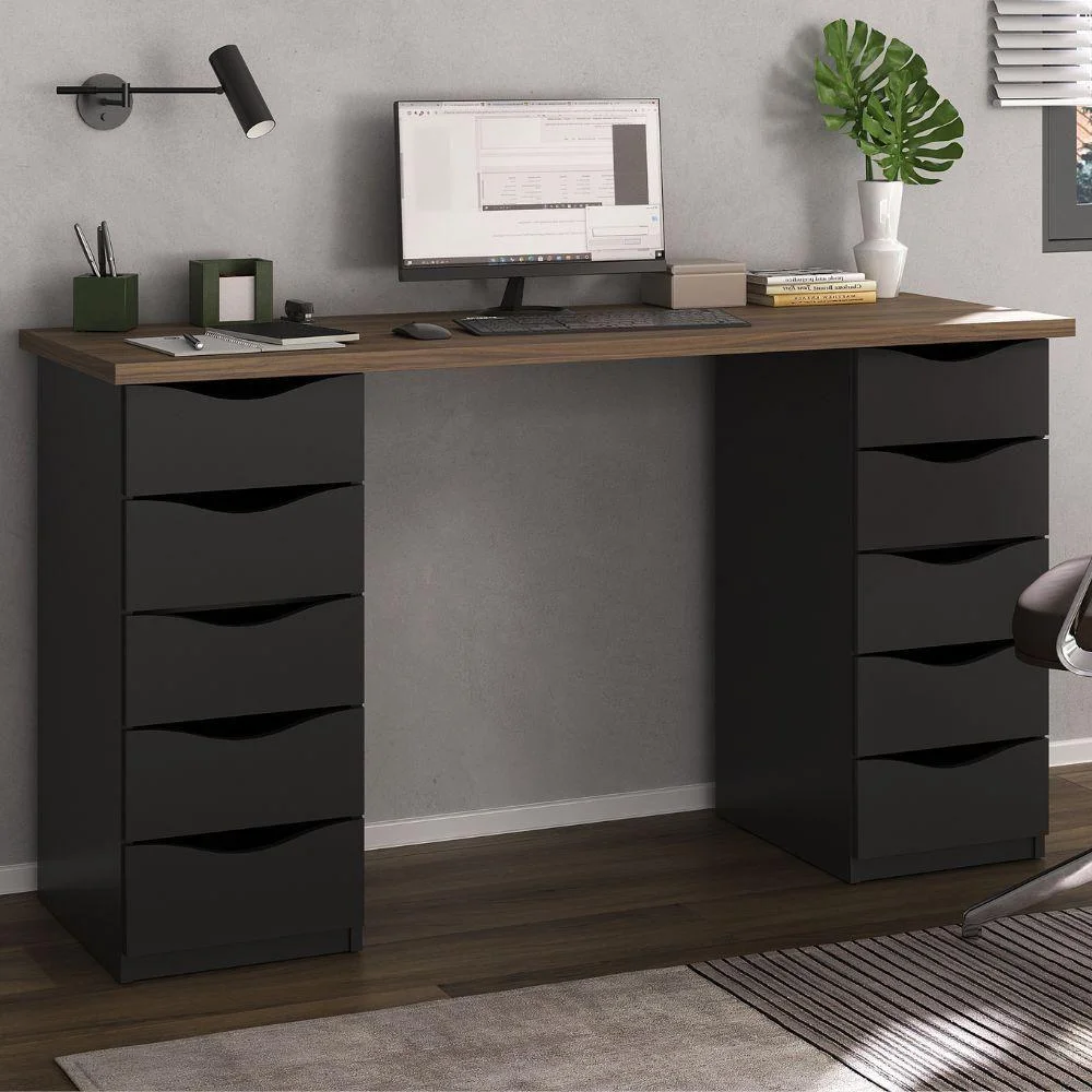 Imagem 3 de 5 do produto Mesa Escrivaninha Due Moderno 10 Gavetas 136cm Nogal Preto Artany