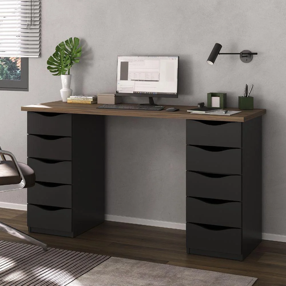 Imagem 4 de 5 do produto Mesa Escrivaninha Due Moderno 10 Gavetas 136cm Nogal Preto Artany