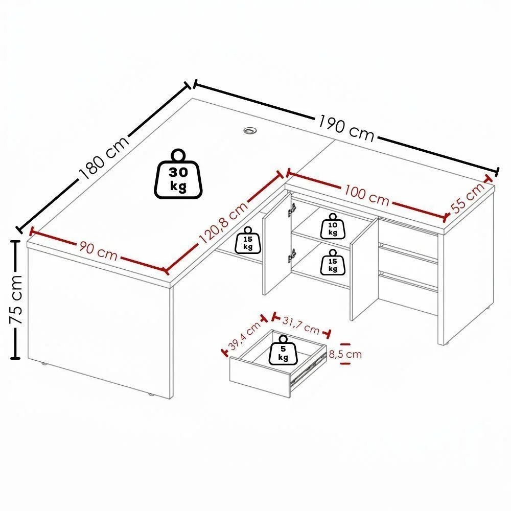 Imagem 2 de 5 do produto Mesa Escritorio Em L Y37 Moderno 3 Gavetas Mdf Mdp 190cm Nogal Preto Artany
