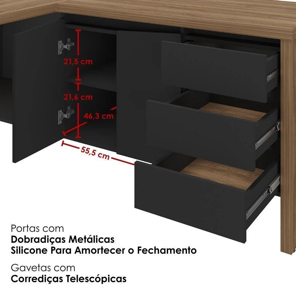 Imagem 3 de 5 do produto Mesa Escritorio Em L Y37 Moderno 3 Gavetas Mdf Mdp 190cm Nogal Preto Artany