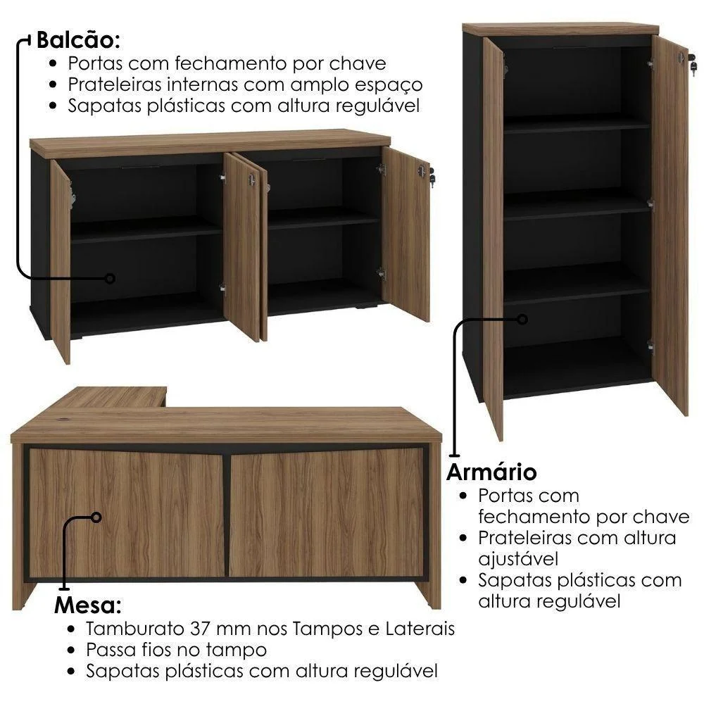 Imagem 5 de 5 do produto Mesa Escritorio Em L Y37 Moderno 3 Gavetas Mdf Mdp 190cm Nogal Preto Artany