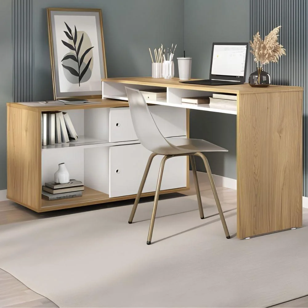 Imagem 3 de 5 do produto Mesa Escrivaninha Em L Flex Moderno 4 Nichos Mdp 144cm Branco Artany