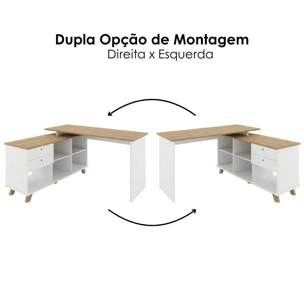 Imagem 2 de 5 do produto Mesa Escrivaninha Em L Lugano Gold Moderno 1 Gaveta Mdp Branco Artany