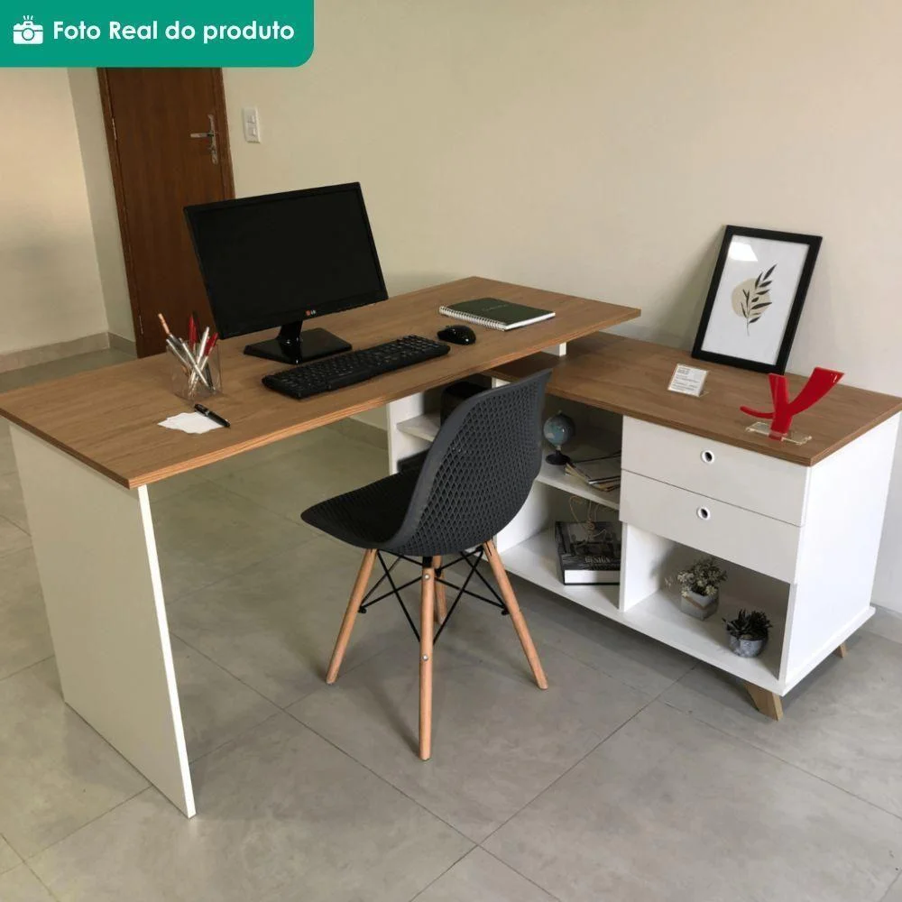 Imagem 3 de 5 do produto Mesa Escrivaninha Em L Lugano Gold Moderno 1 Gaveta Mdp Branco Artany