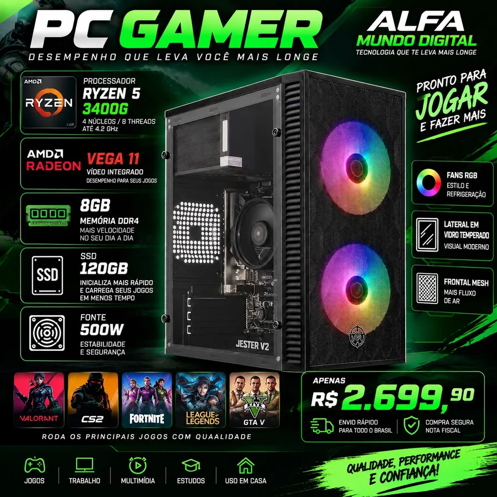 PC Gamer Ryzen 5 3400g Radeon Vega 11 8GB Ddr4 SSD 120GB Fonte 500w - view 2