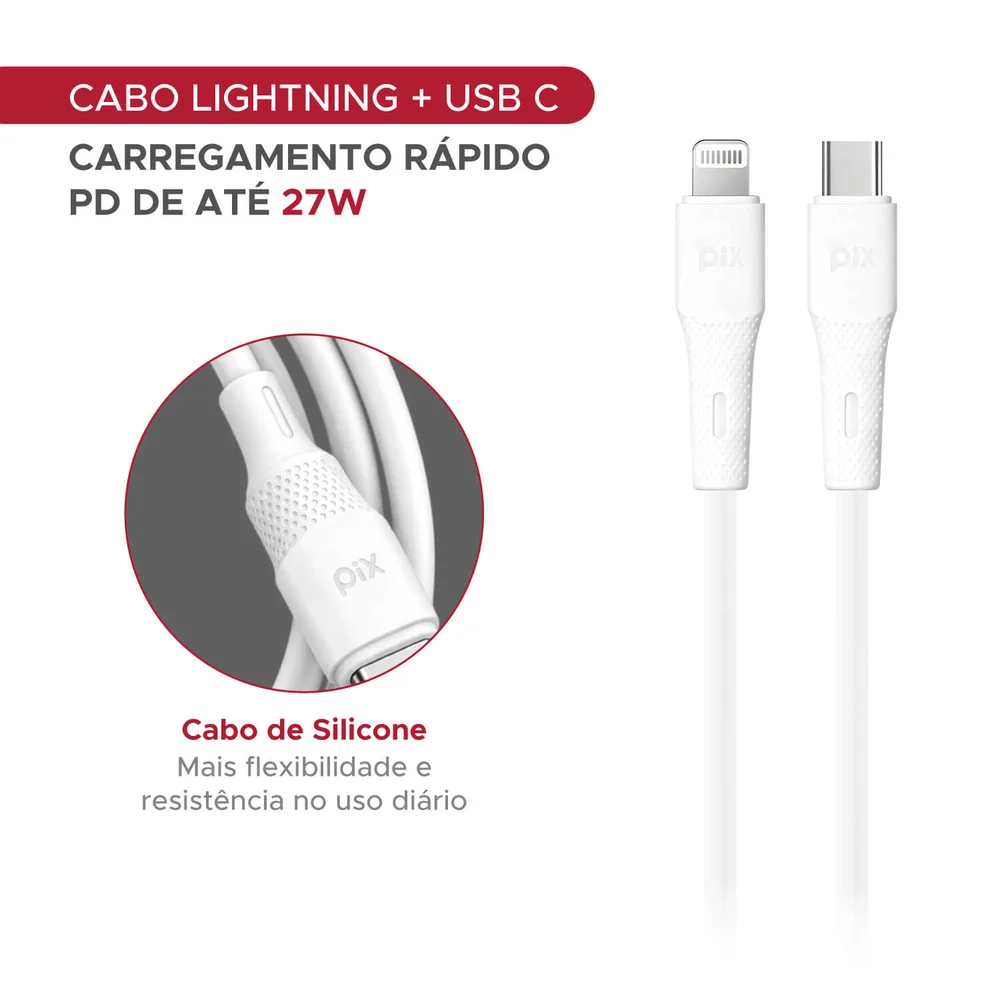 Imagem 2 de 5 do produto Cabo Usb Tipo C Lightning Silicone Pd 27w 3a 2m Branco Turbo