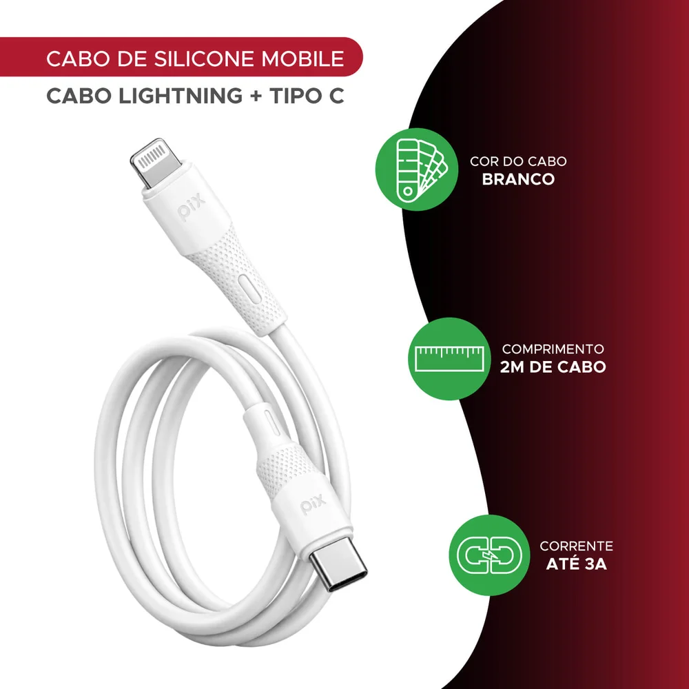 Imagem 4 de 5 do produto Cabo Usb Tipo C Lightning Silicone Pd 27w 3a 2m Branco Turbo