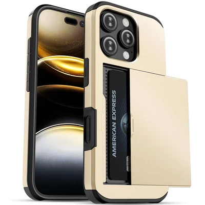 Brcshop | Capa Porta Cartão para o iPhone 15 Pro Max Compartimento Oculto para Armazenamento de 2 Cartões e Proteção Anti-impacto - Cor: Dourado