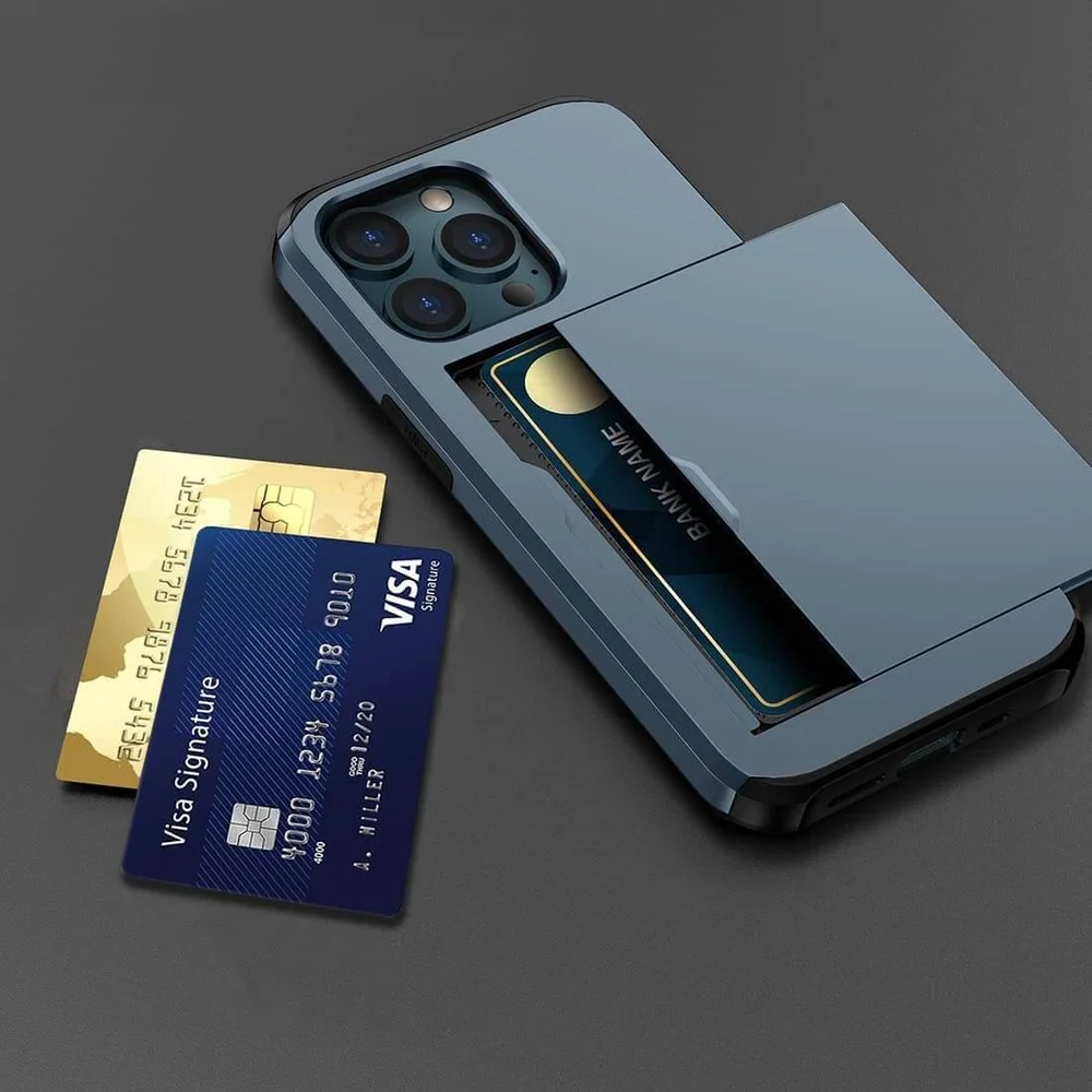 Imagem 2 de 5 do produto Brcshop | Capa Porta Cartão para o iPhone 13 Pro Max Compartimento Oculto para Armazenamento de 2 Cartões e Proteção Anti impacto - Cor: Azul