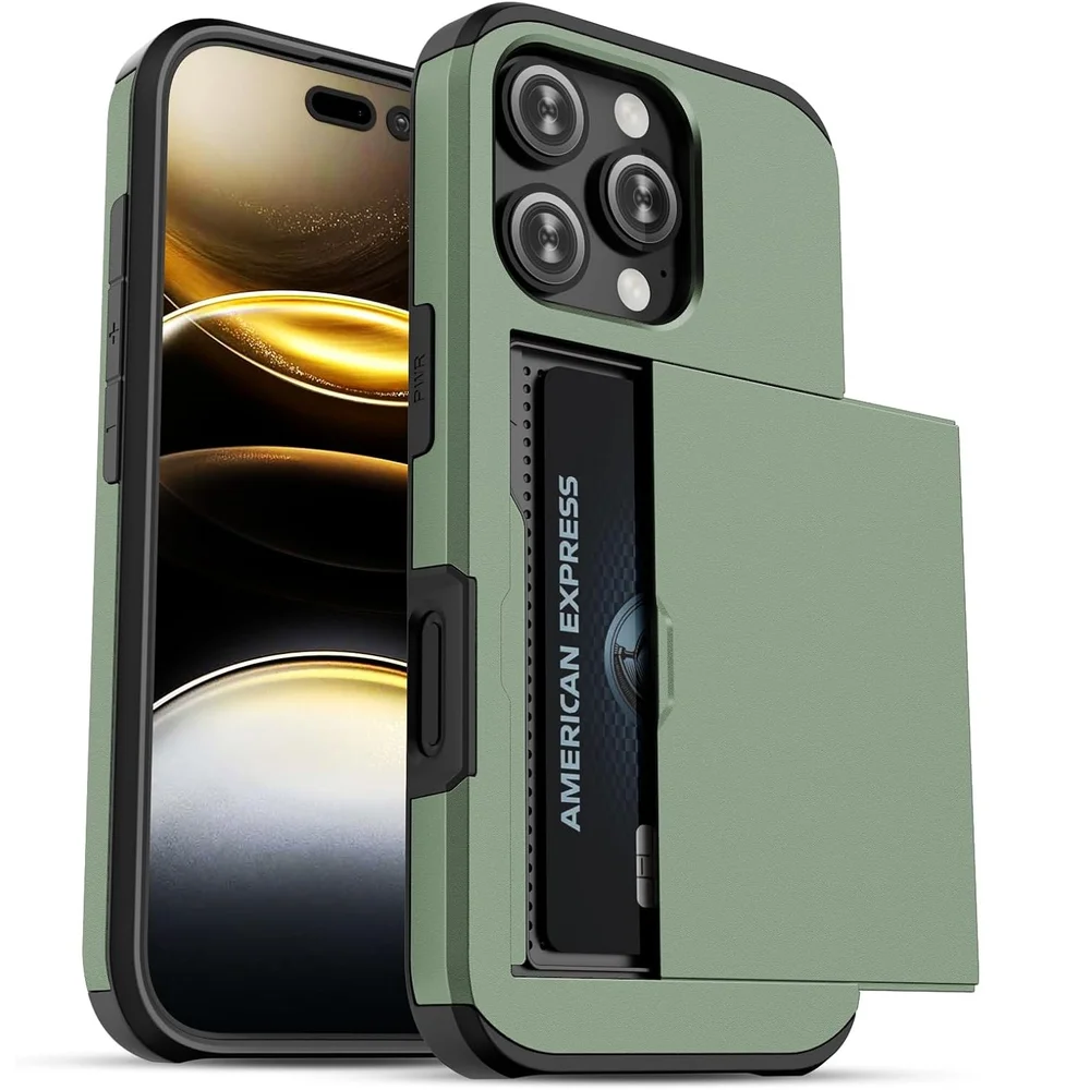 Imagem 1 de 5 do produto Brcshop | Capa Porta Cartão para o iPhone 15 Pro Compartimento Oculto para Armazenamento de 2 Cartões e Proteção Anti-impacto - Cor: Verde