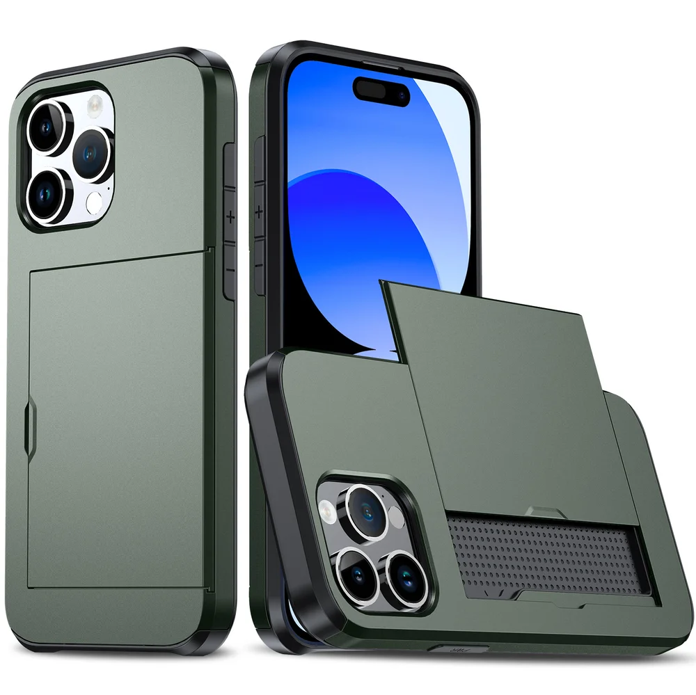 Imagem 2 de 5 do produto Brcshop | Capa Porta Cartão para o iPhone 15 Pro Compartimento Oculto para Armazenamento de 2 Cartões e Proteção Anti-impacto - Cor: Verde